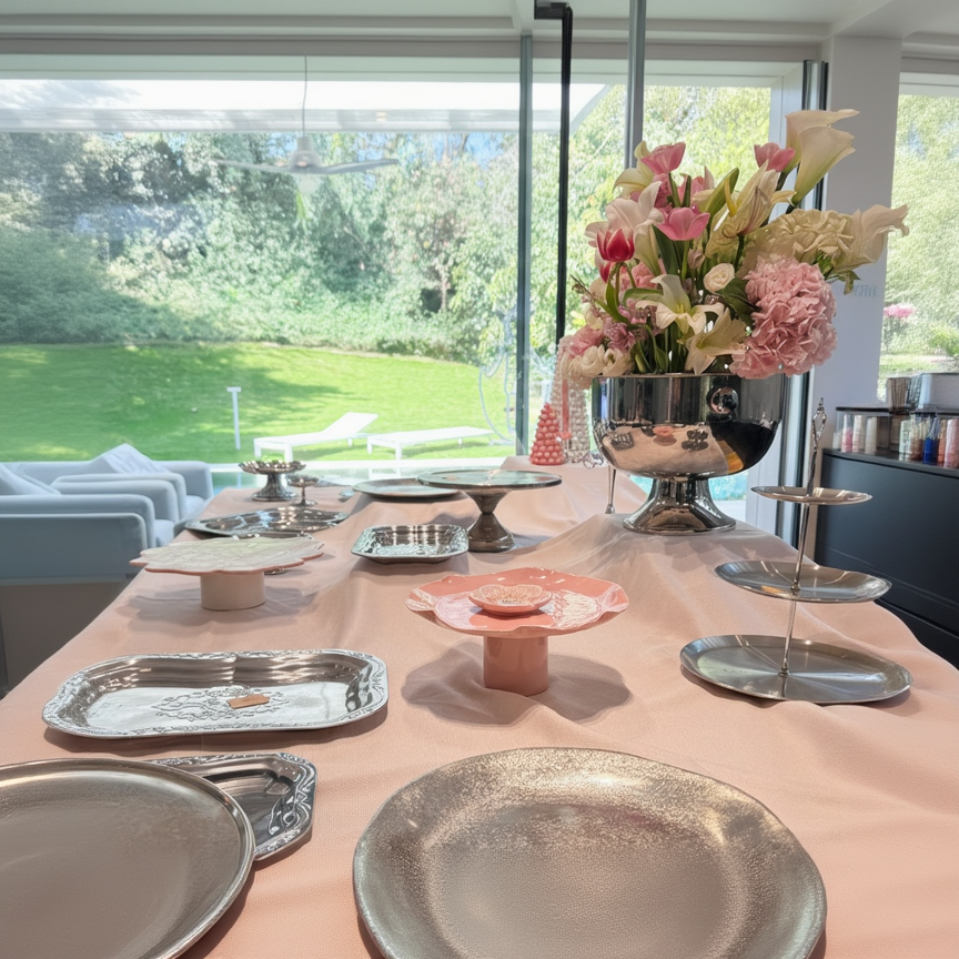 מארז בופה מלא בסטייל המשדר רוך, בגוונים של כסף-ורוד, קלאסי ועדין. הכולל כלי הגשה מרשימים נרות ועוד