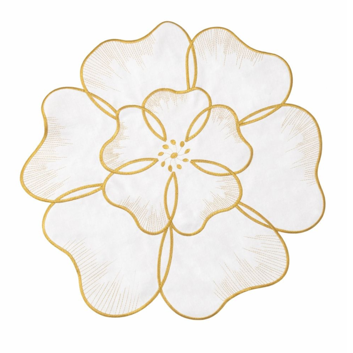 פלייסמט פרח לבן עם רקמת מסגרת בזהב 