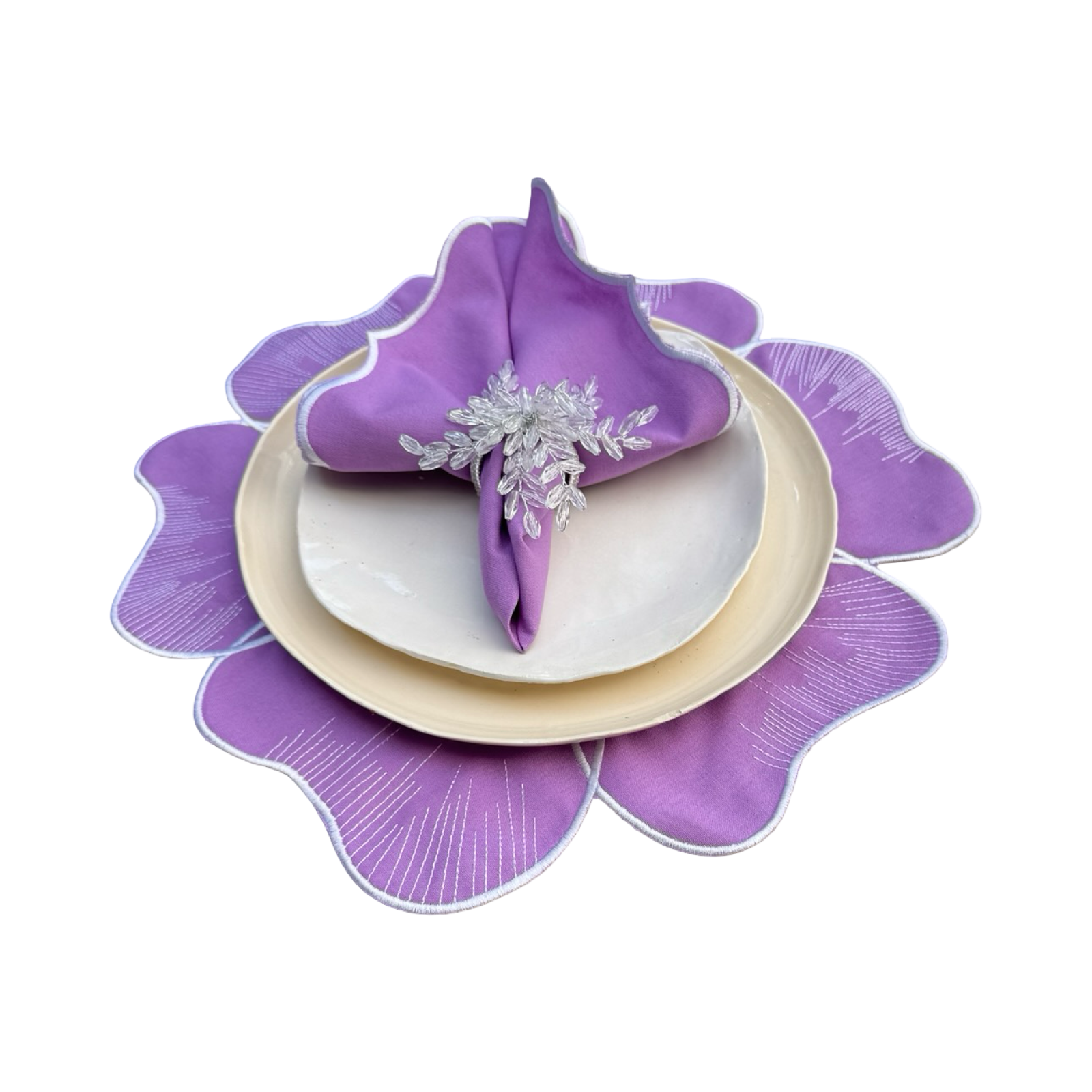 מפית סגולה עם רקמה לבנה - 6 יחידות